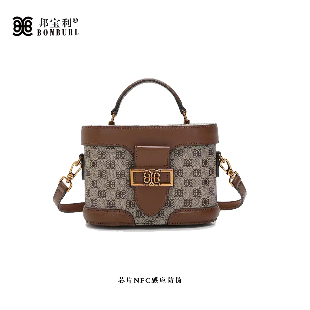 Bonburl/邦宝利女士新款拼色时尚盒子包复古单肩斜挎包6091