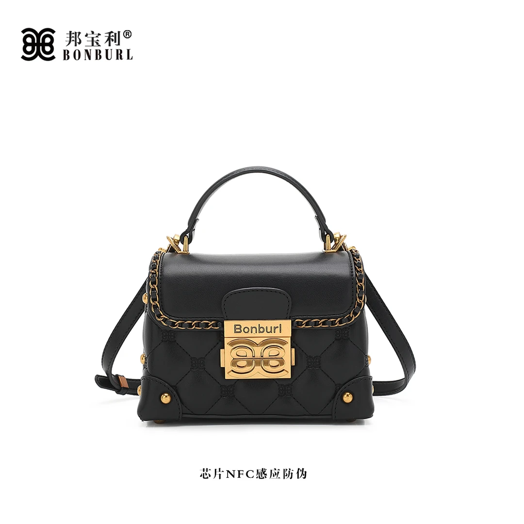 Bonburl/邦宝利女士新款黑色盒子包时尚百搭单肩斜挎手提包2688