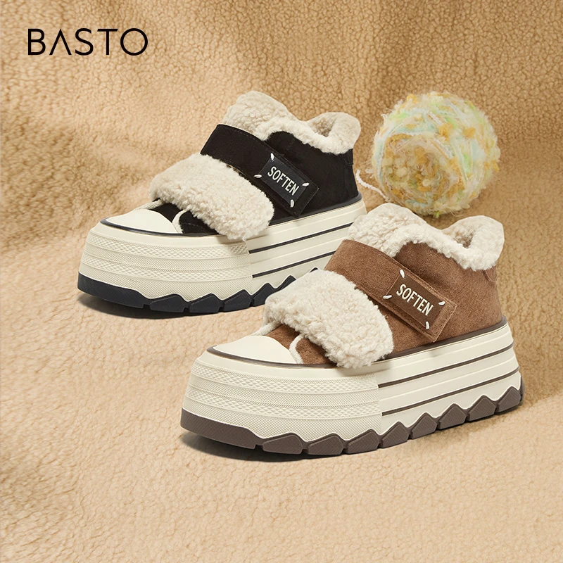 BASTO/百思图春季新款时尚户外运动加绒板鞋厚底女休闲鞋E1503AM5