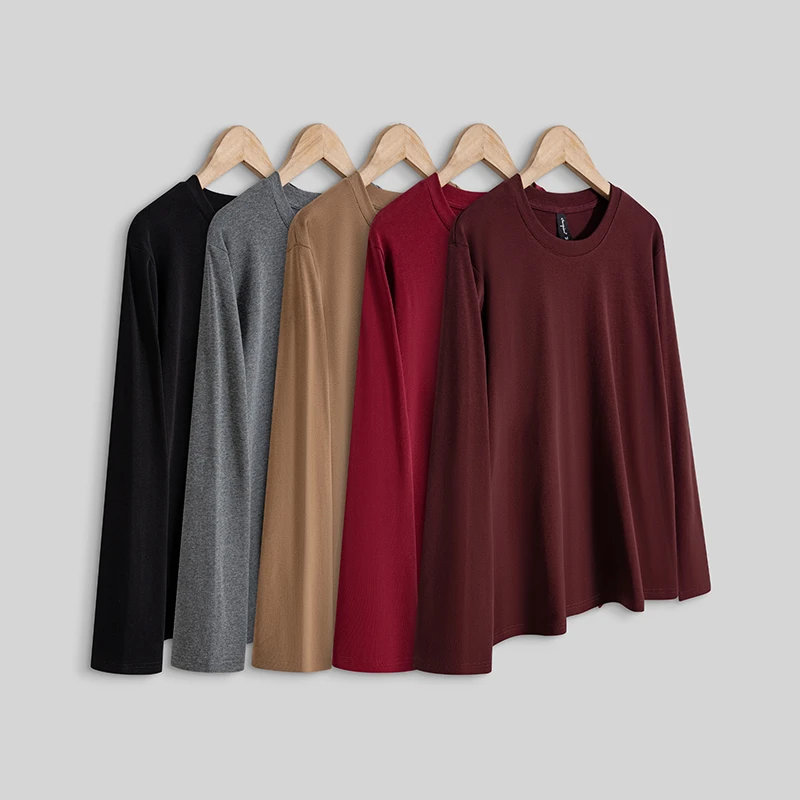 25105#洗水螺纹棉-不缩水-秋冬女士休闲百搭宽松圆领打底长袖