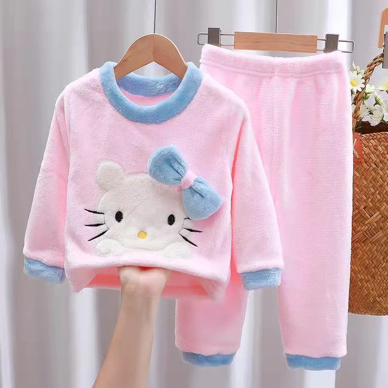 保暖宝宝冬睡衣秋冬季男童女童法兰绒卡通双面加绒加厚家居服套装