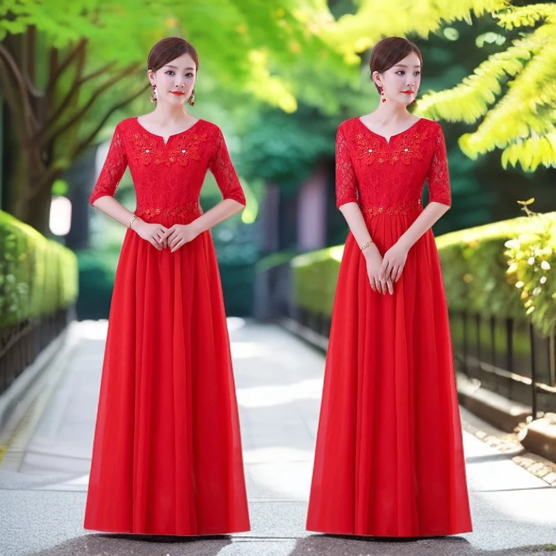 高端爆款长裙成人大表演服年会红色长款合唱服舞台中老年新款合唱