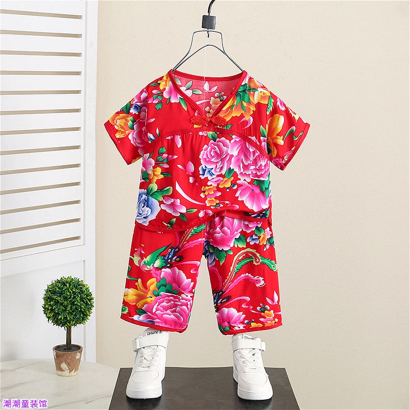 东北大花衣服儿童男童女童新夏季薄款中国风宝宝网红短袖短裤套装