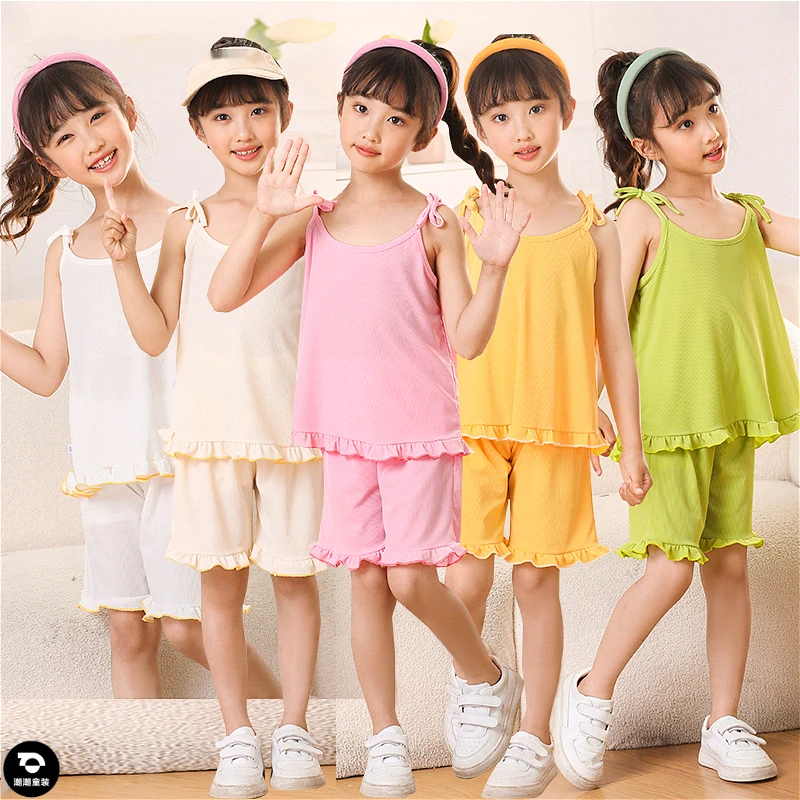 2024新款冰丝套装睡衣女童宝宝夏天中大童女宝公主小女孩休闲宽松