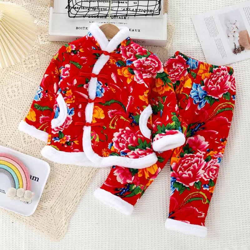 【热销 】冬季儿童加绒花袄保暖套装女童宝宝加厚冬季拜年服棉内胆