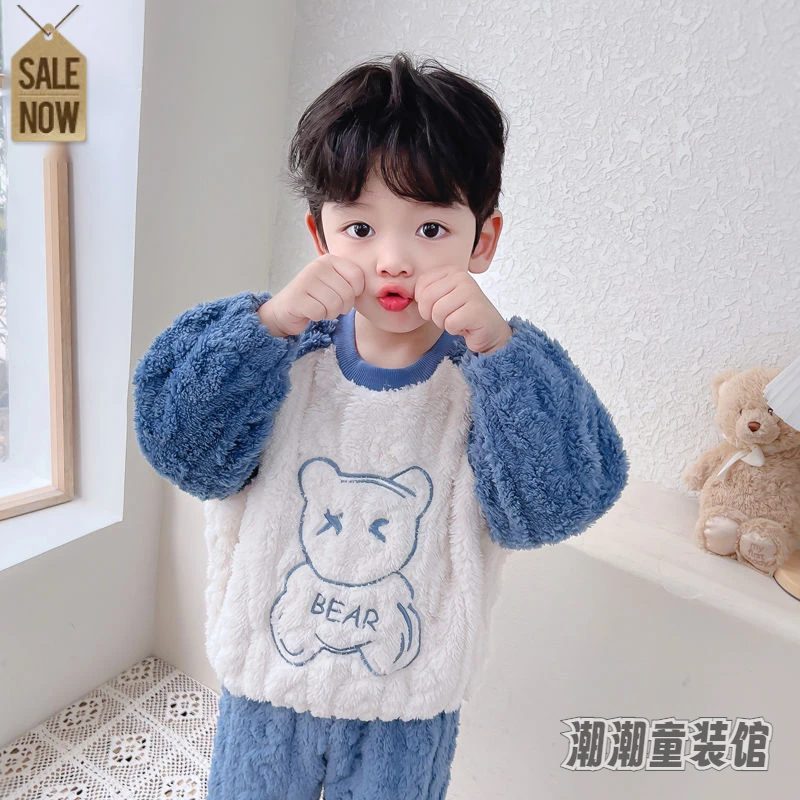 儿童男童睡衣珊瑚绒秋冬季加厚保暖宝宝男孩小孩连体加绒中大童