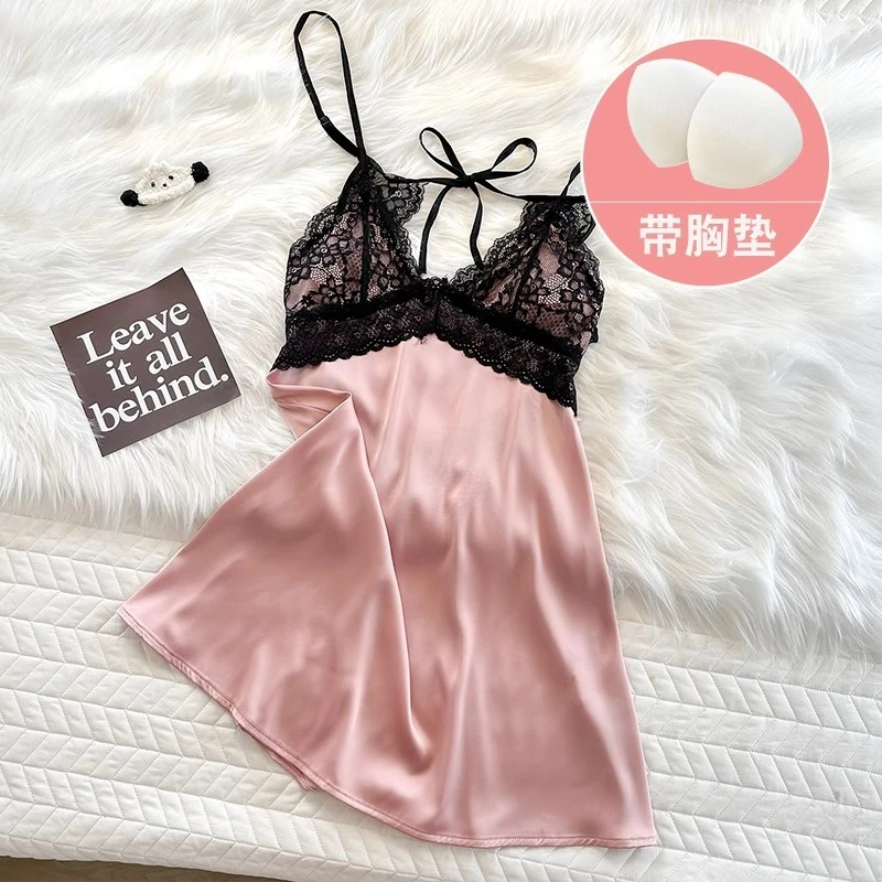 吊带睡裙女夏季冰丝2024新款纯欲性感睡衣夏天女士蕾丝带胸垫美背
