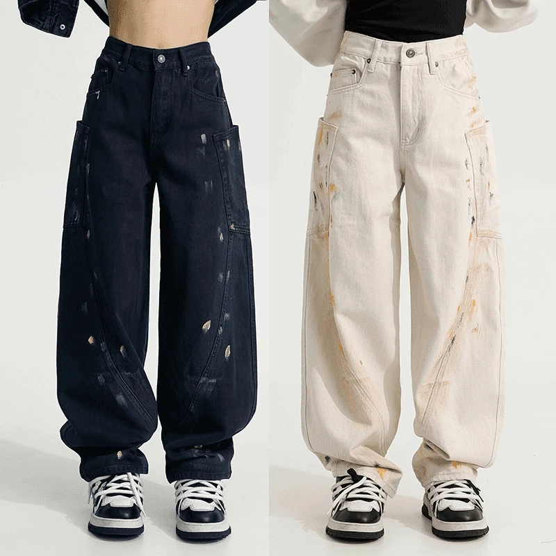 QingM彩绘泼墨牛仔裤情侣款直筒宽松美式高街潮牌弯刀裤拖地裤子