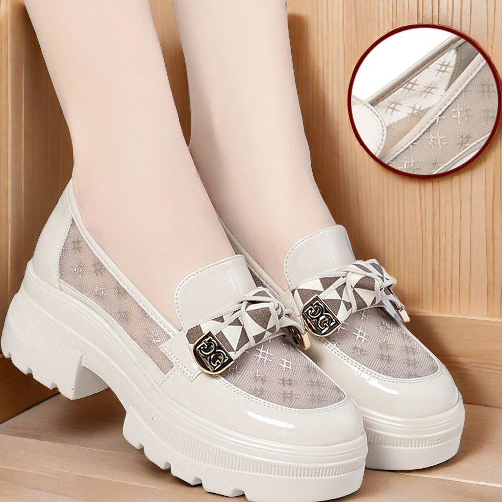 【出口意大利】网面乐福鞋透气厚底女单鞋夏季女鞋镂空蝴蝶结网纱鞋