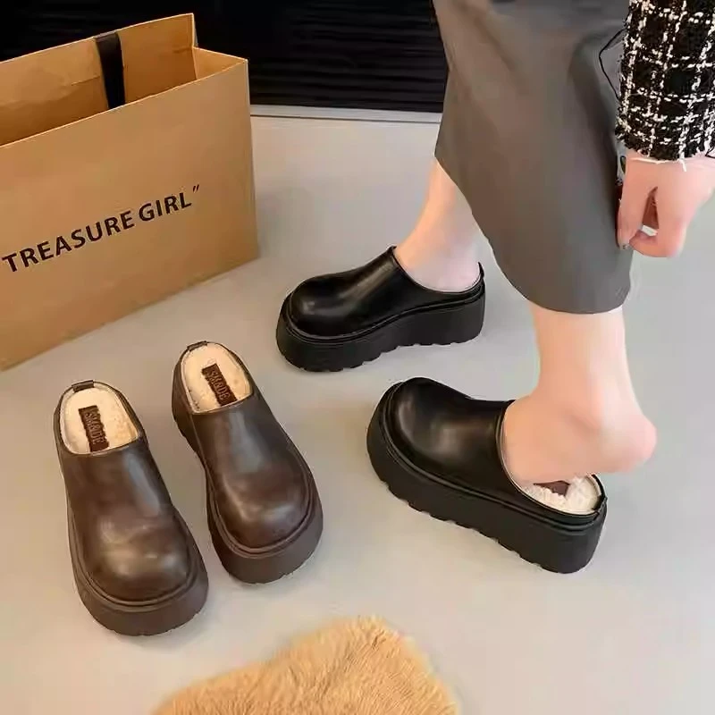 小个子增高包头半拖鞋女外穿2024新款秋冬厚底懒人勃肯鞋加绒棉拖