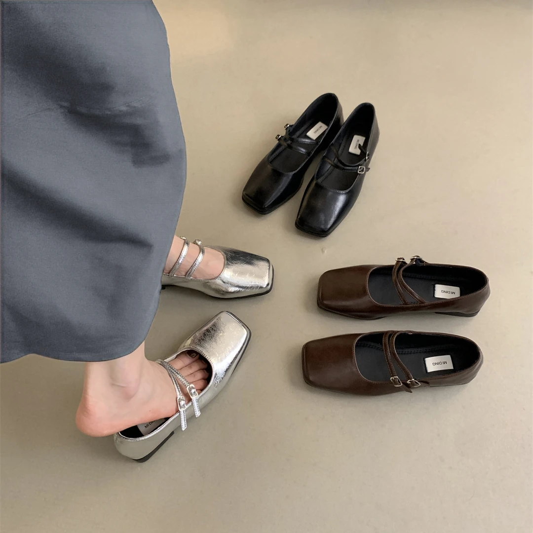 法式晚风银色单鞋女2024秋季新款气质仙女浅口通勤方头平底玛丽珍