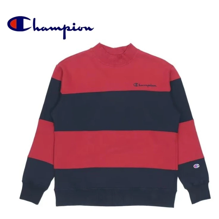 Champion 新年限定男女同款情侣款草写小logo条纹低领加绒卫衣