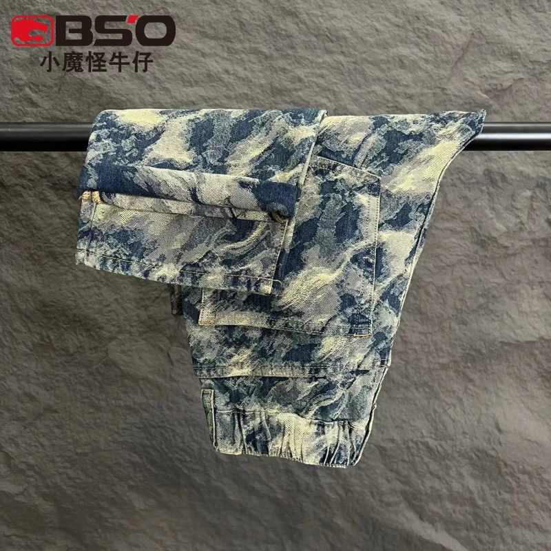 小魔怪秋季迷彩松紧腰提花牛仔裤男宽松直筒美式高街裤子男流光风