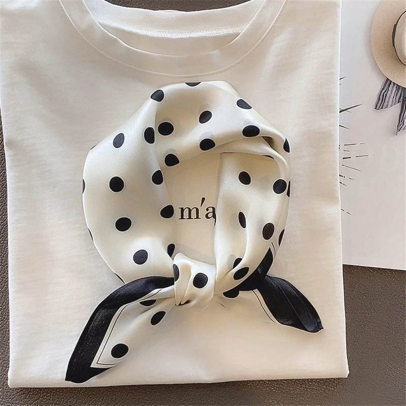 桑蚕丝单面米白小波点50方巾女士真丝丝巾搭配围巾披肩外搭A003