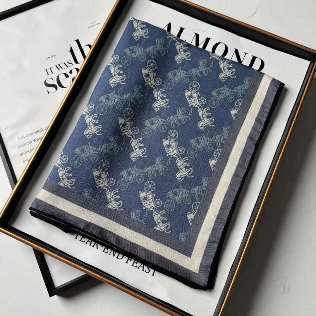 丝毛双面雾霾蓝小马车60方巾女士丝巾搭配围巾时尚披肩外搭B126