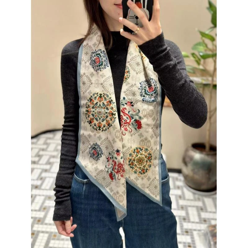 丝毛双面新中式春之日140x25长巾飘带女士丝巾围巾时尚百搭I056