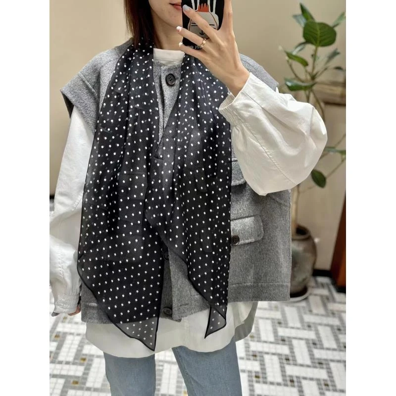 桑蚕丝单面雪纺法式波点160*30斜角女士丝巾围巾披肩外搭防晒L145
