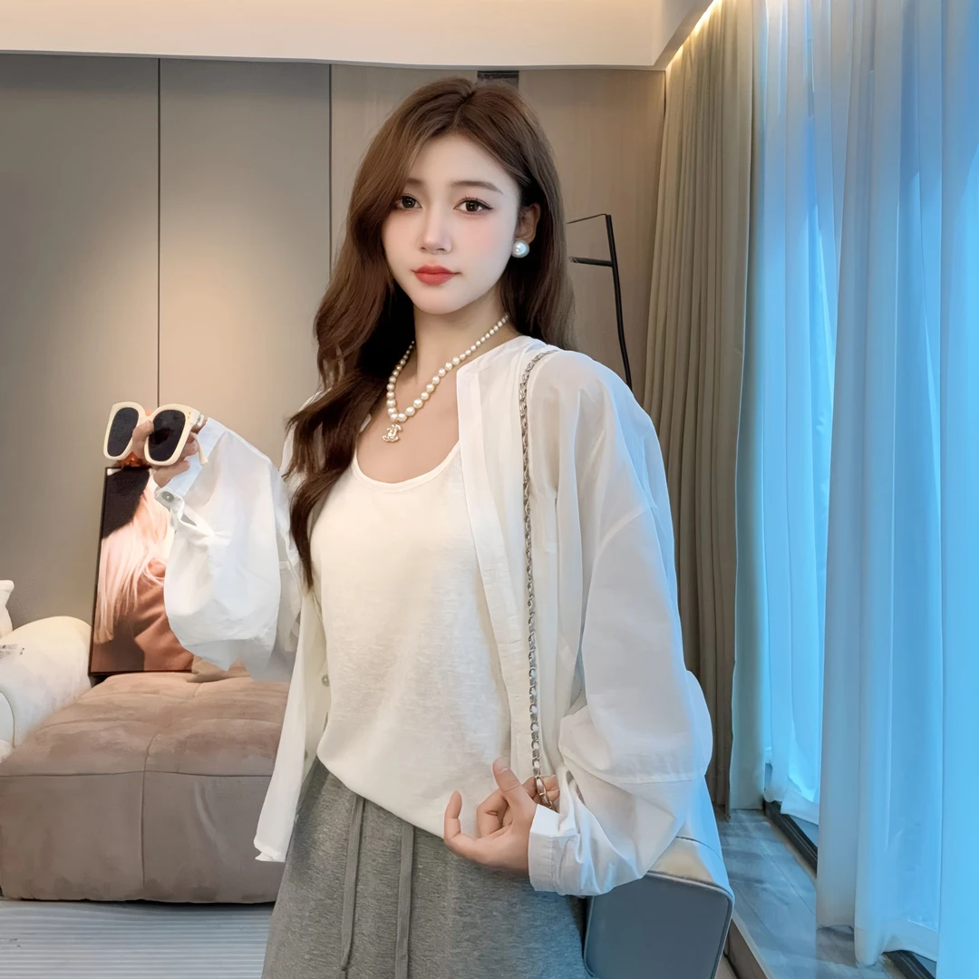 【果子穿搭】夏季新款百搭显瘦尤莱特极简风潮流薄款防晒衬衫女2306