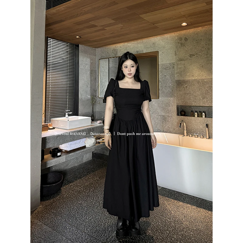 【现货链接】黑泽玄七连衣裙微胖收腰大码显瘦法式短袖通勤长裙女