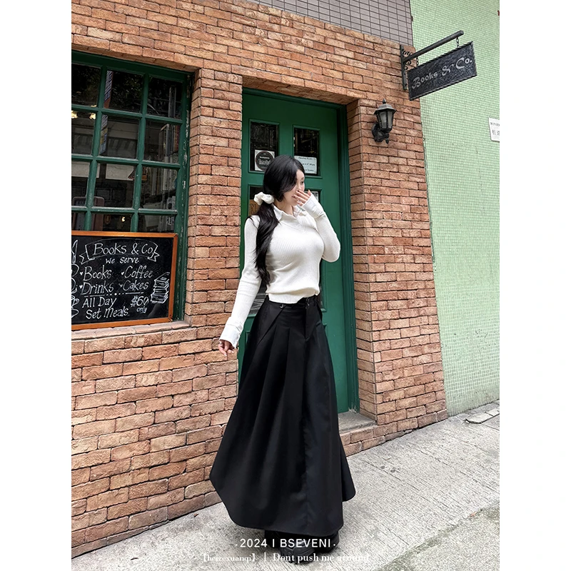 黑泽玄七【现货链接】半身裙新款微胖高腰显瘦大伞摆a字宽压褶裙女