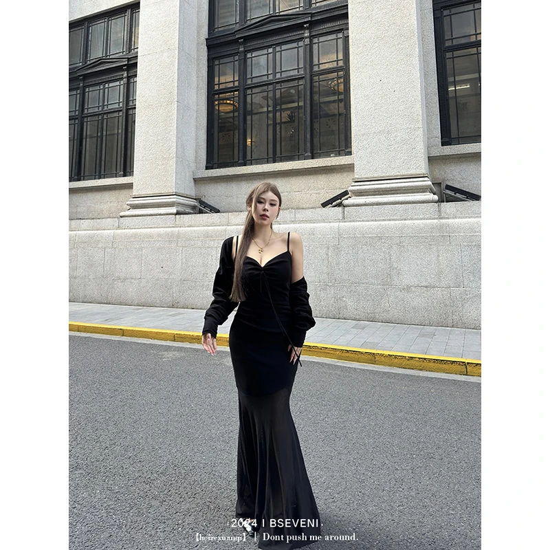 黑泽玄七秋冬气质新款显瘦轻礼服长袖鱼尾性感连衣裙坎肩真两件套