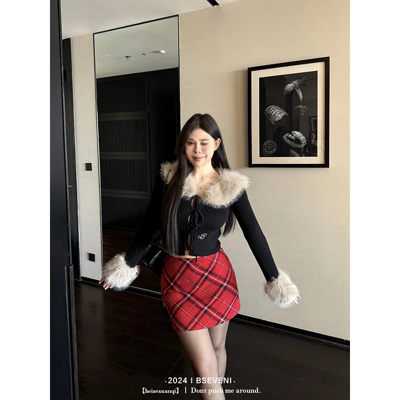 黑泽玄七气质复古修身半身裙秋冬新款加厚显瘦格子a字包臀短裙女