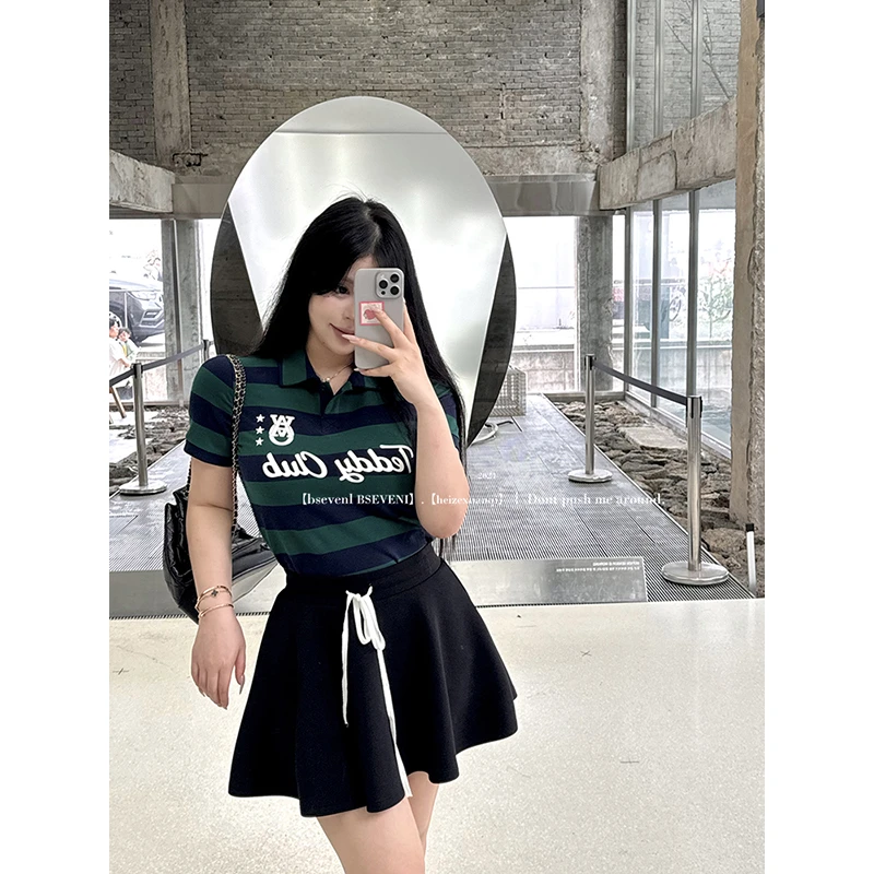 黑泽玄七显瘦百搭短裙美式半身裙夏季新款微胖上衣两件套女