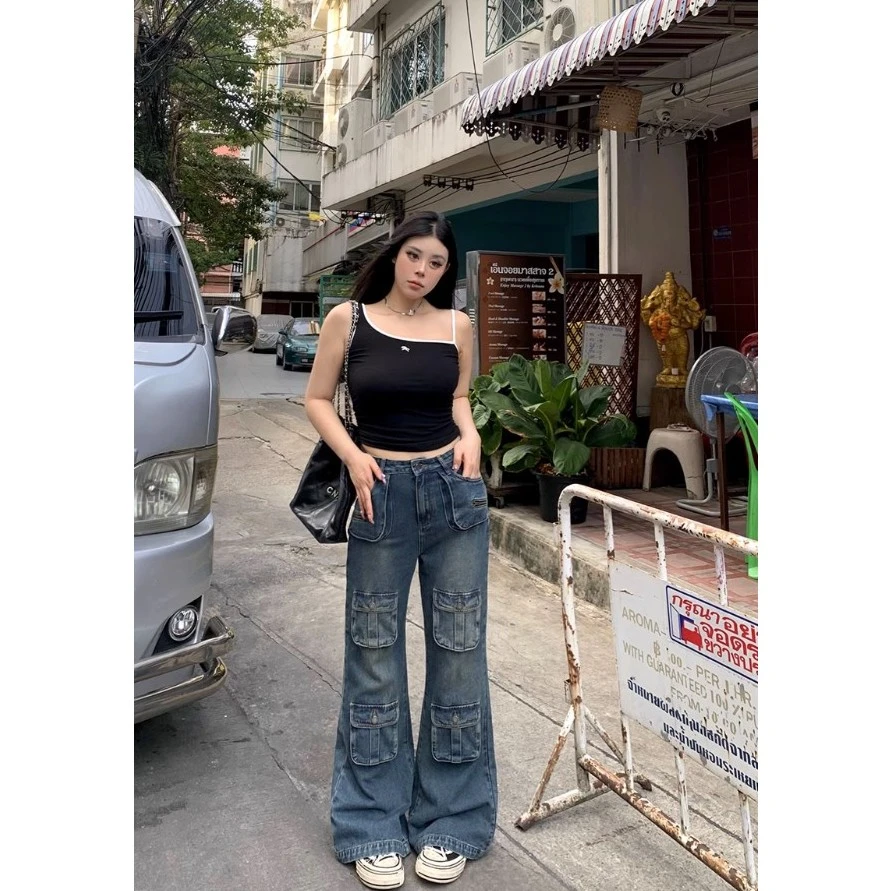 黑泽玄七2023夏季新款高腰显瘦喇叭裤女宽松工装牛仔裤98232N2415