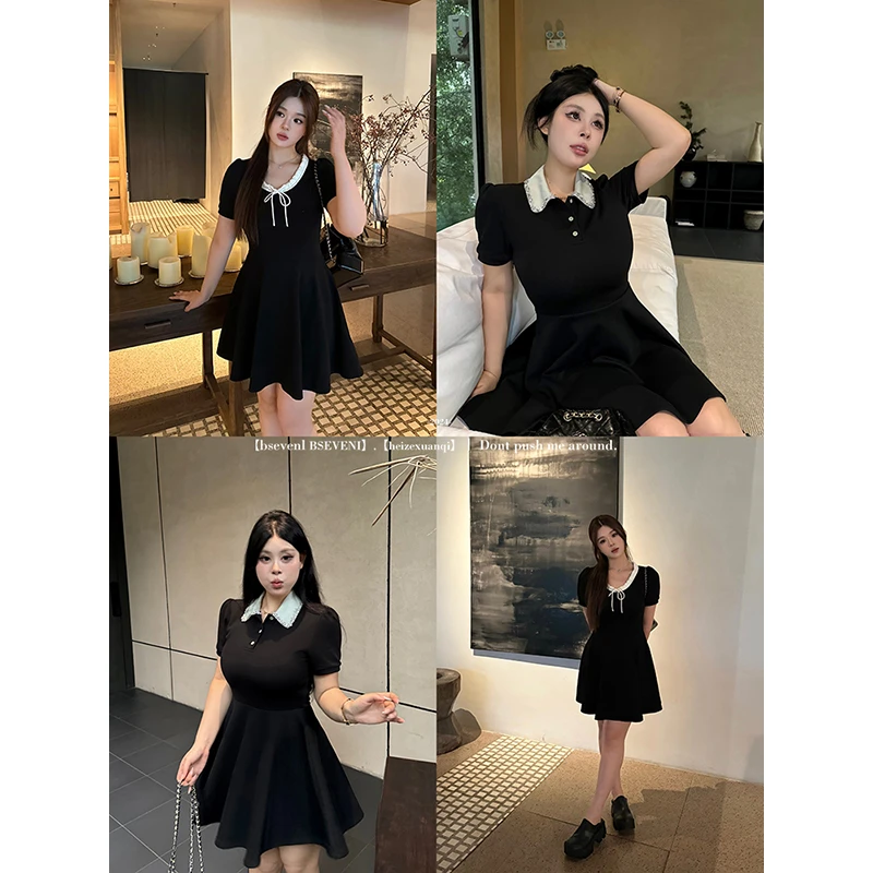 黑泽玄七显瘦钓系约会小黑裙夏季新款微胖裙气质a字连衣裙女