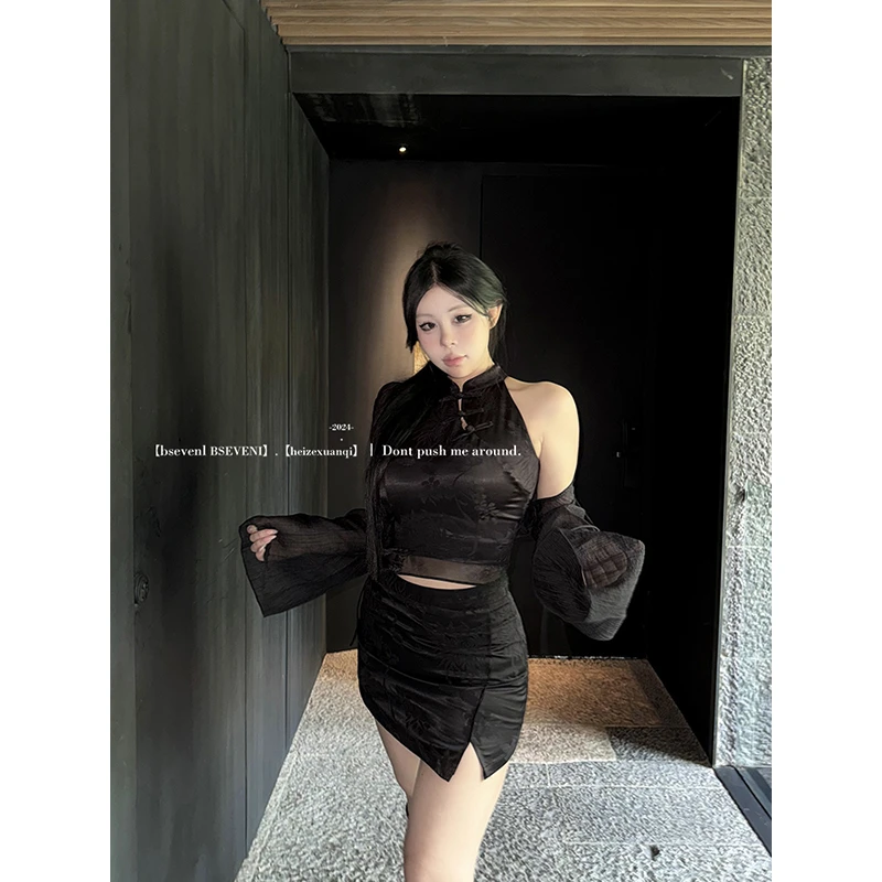 黑泽玄七新中式套装2024夏季新款微胖辣妹显瘦质感性感黑色开衫女