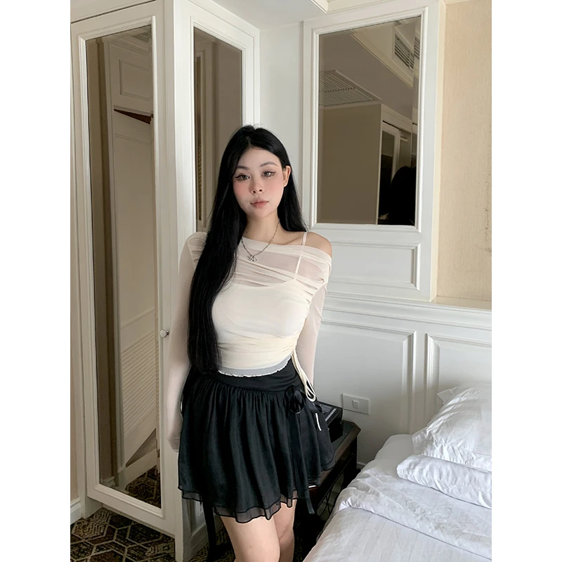 黑泽玄七 网纱透气斜肩上衣设计感小众打底衫女98231T1728/B4174