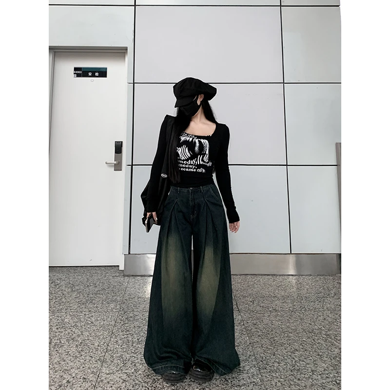 黑泽玄七 微胖mm宽松阔腿牛仔裤高腰显瘦辣妹拖地裤98233N6064