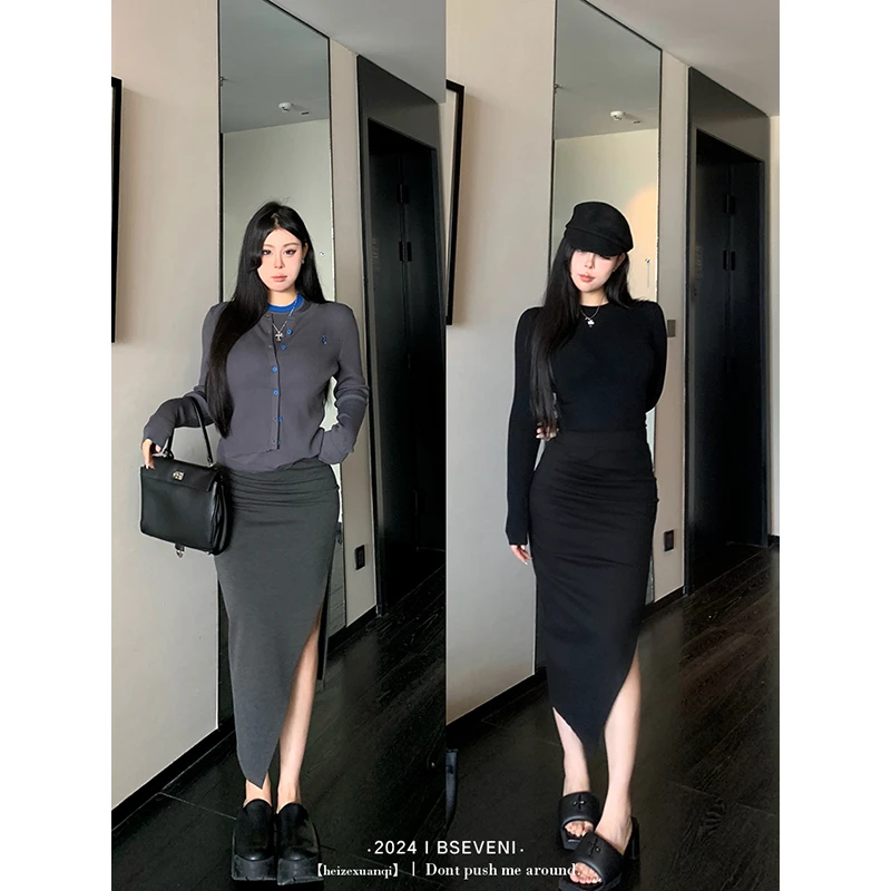 黑泽玄七包臀开叉御姐半身裙秋冬新款微胖高腰显瘦办公裙女