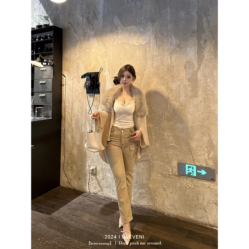 黑泽玄七微胖mm2024秋冬新款小脚裤加绒复古多口袋设计牛仔裤女