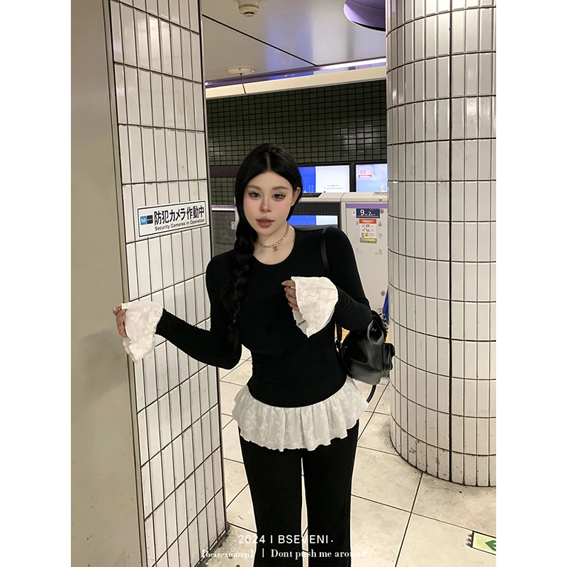 黑泽玄七早秋chill套装新款微胖大码显瘦减龄绣花拼接长袖上衣女