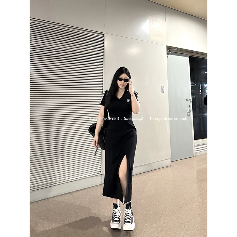 黑泽玄七叉短袖长裙连衣裙新款微胖显瘦通勤简单大方开女