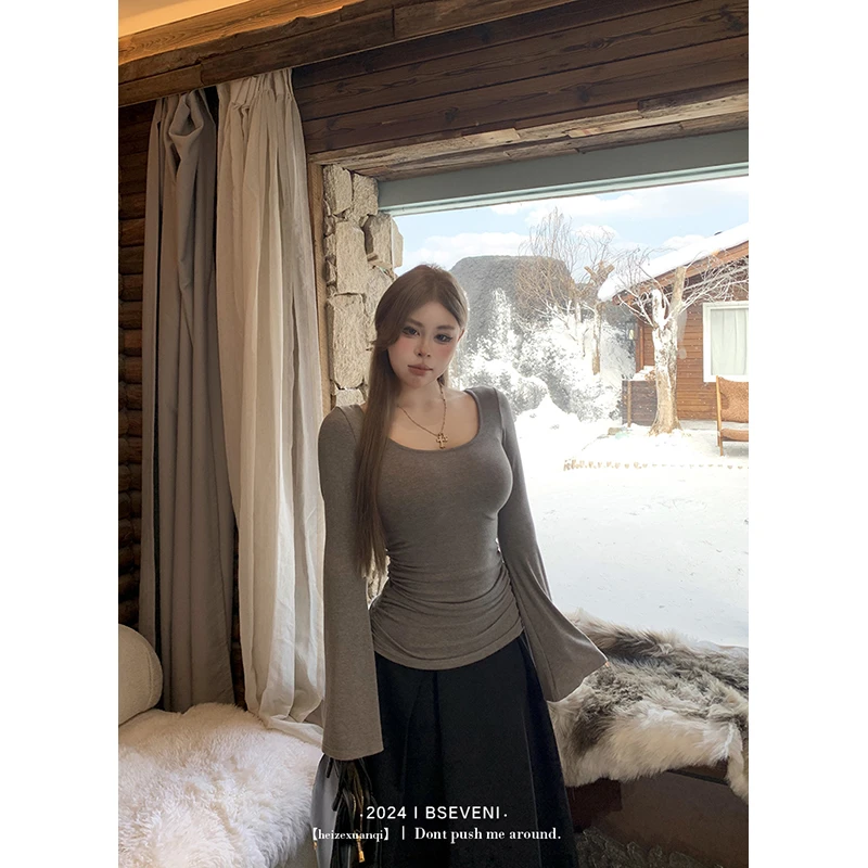 黑泽玄七“暖姜美体衣”磨毛感暖姜绒Soft系列4色大U领打底锁骨T恤