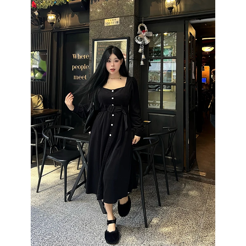黑泽玄七 收腰显瘦高级气质方领长款连衣裙女 98224L7969