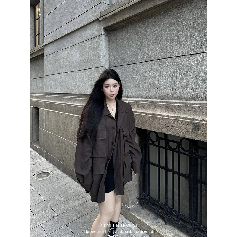 黑泽玄七工装苎麻衬衫秋季新款微胖显瘦遮肉休闲宽松外套女