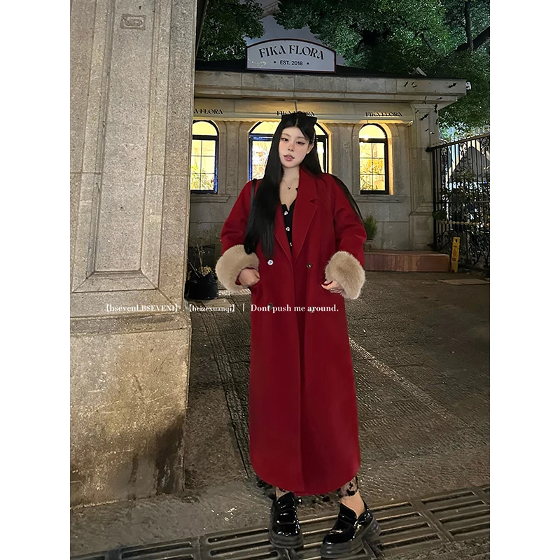 黑泽玄七红色大衣2023冬季新款微胖高腰显瘦夹棉保暖毛呢外套女