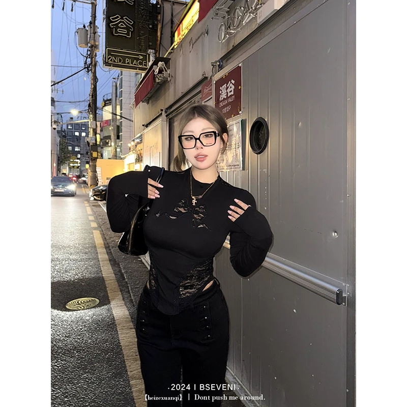 黑泽玄七T恤长袖新款性感蝴蝶结镂空蕾丝拼接紧身显瘦上衣女