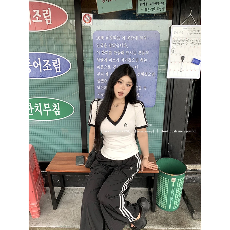 黑泽玄七夏季正肩打底jennie爆款微胖v领显瘦运动辣妹基础短袖t恤