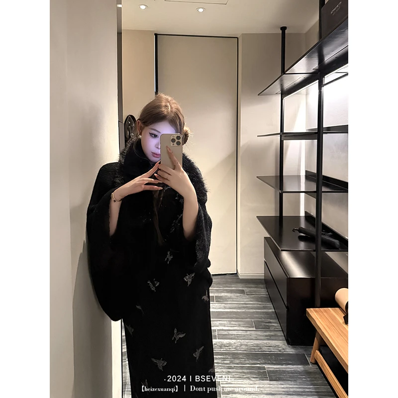 黑泽玄七‘环保托斯卡’秋冬新款斗蓬洋气氛围感环保毛领针织披肩女