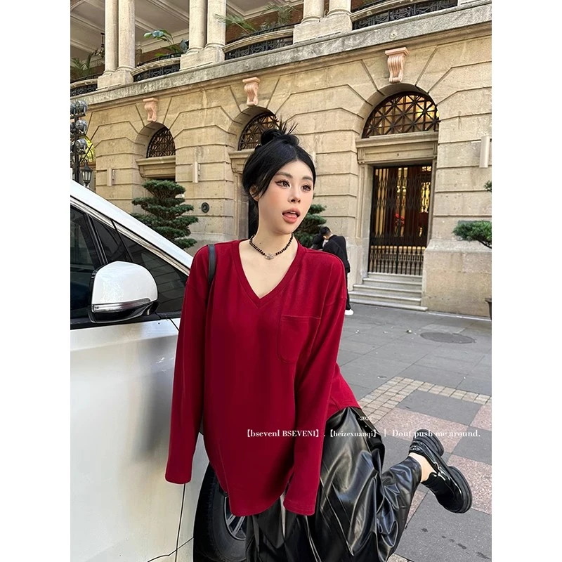 黑泽玄七2023冬季新款内搭打底衫胖mm显瘦宽松v领长袖T恤上衣女