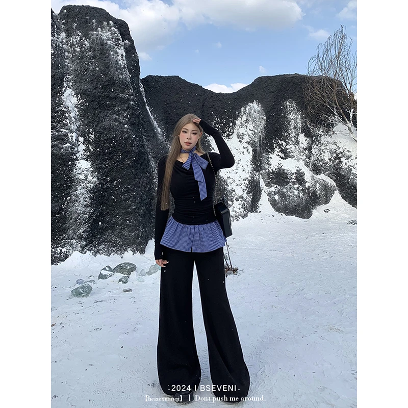 黑泽玄七休闲百搭长袖上衣微胖秋冬修身显瘦领带可拆打底衫女