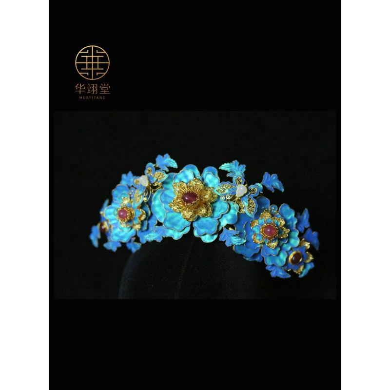 铜合金婚庆饰品 华翊堂原创汉服配饰仿点翠牡丹倾城发冠新娘发饰