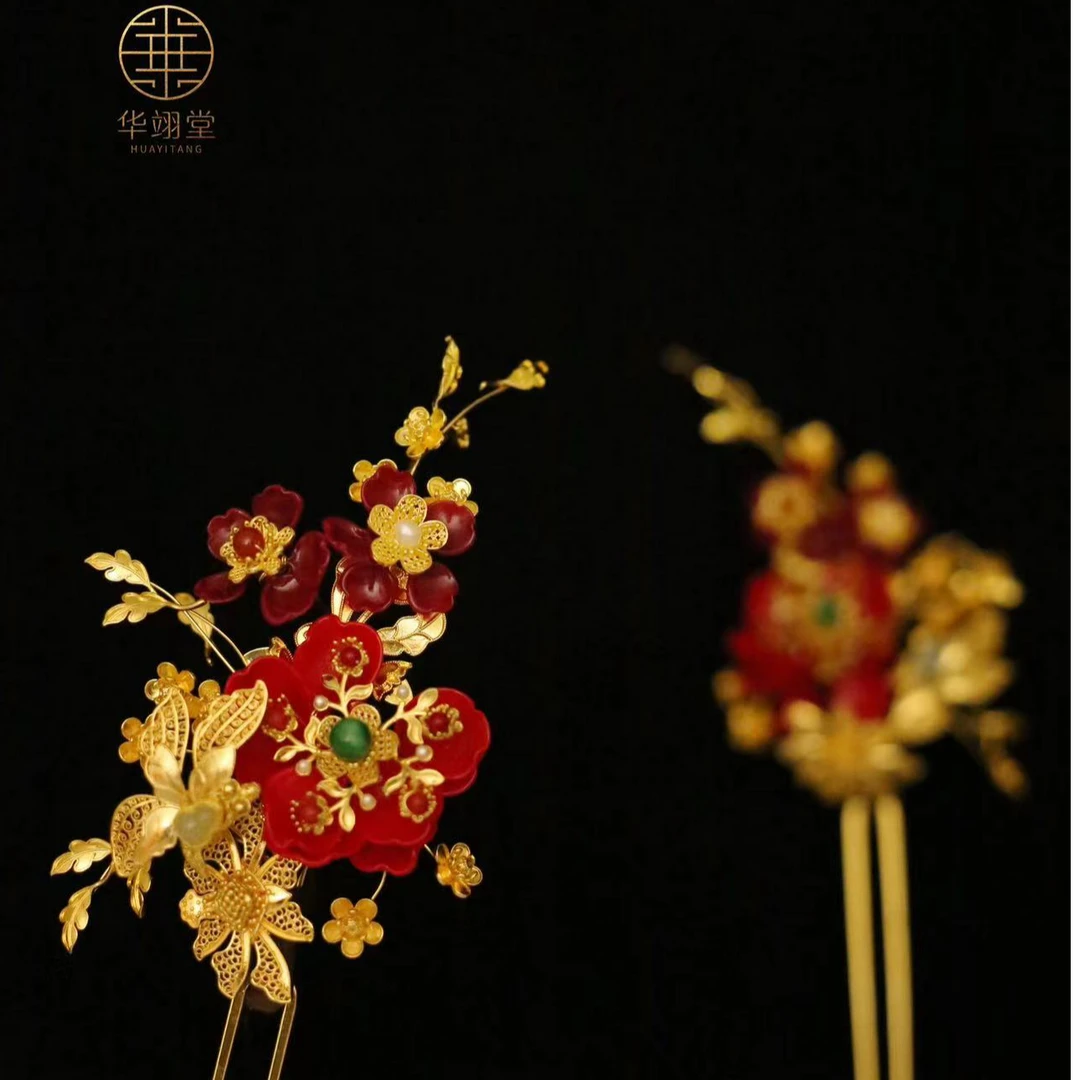 铜合金婚庆饰品 华翊堂原创铜镀金仿花丝镶嵌宝石宋制山茶花长簪