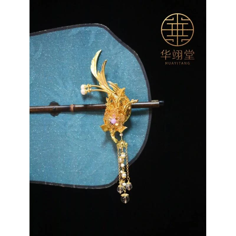 铜合金婚庆饰品 华翊堂原创设计铜镀金仿花丝镶嵌宝石与凤行发夹