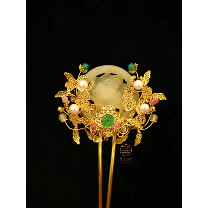 华翊堂原创设计铜镀金仿花丝镶嵌宝石金枝玉叶簪