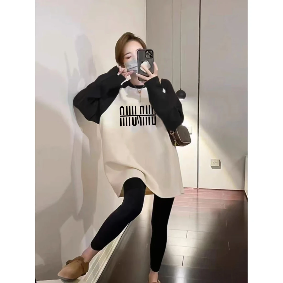 遮屁股韩版冬季保暖宽松上衣女中长款拼接卡通长袖T恤